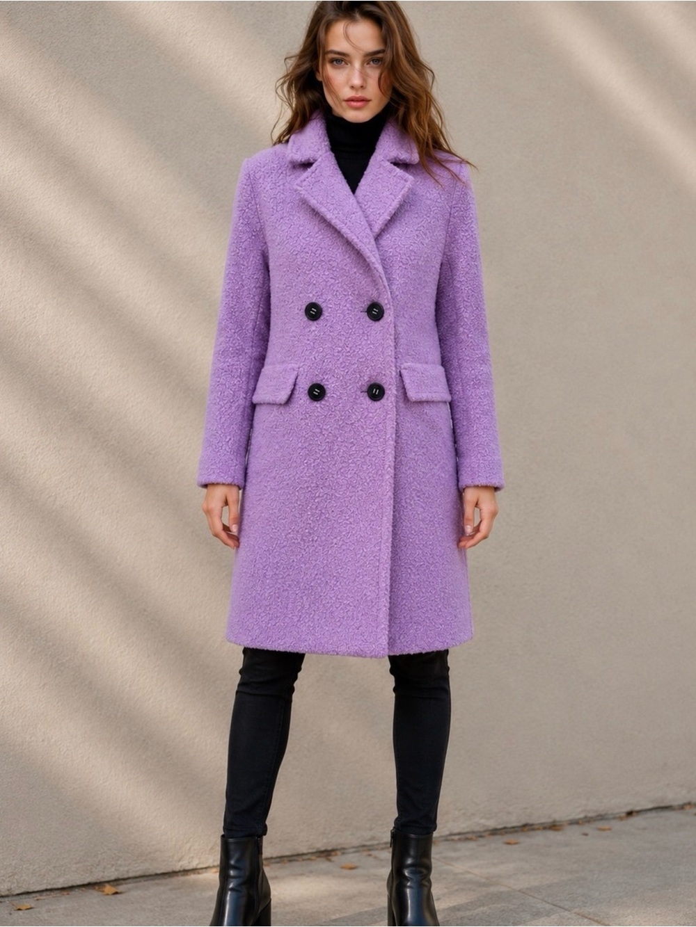 BCBGeneration Lilac Bouclé Double-Breasted Pea Coat